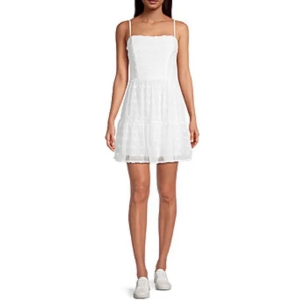 Emerald Sundae White Lined Adjustable Spaghetti Strap Short Dress Fit And Flare